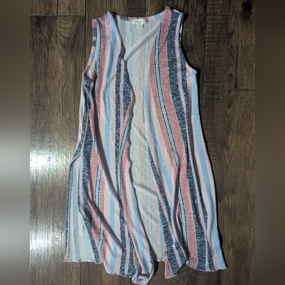 Knit Works Women's Light Knit Waterfall Duster Pink & Blue Stripes Side Slits XL